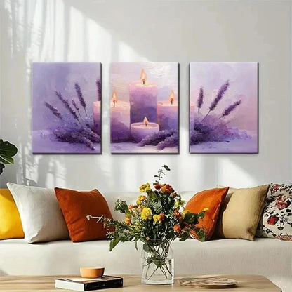 3pcs Purple Hues Candle Atmosphere Perfect  Wall  Art Set Canvas Unframed - High Quality Print 100% Australian Made Wall Canvas (
