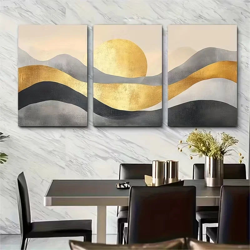 3pcs , Beige Grey Golden Minimalist Metal Print Ready to Hang Art