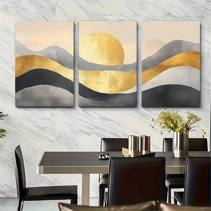 3pcs , Beige Grey Golden Minimalist Metal Print Ready to Hang Art