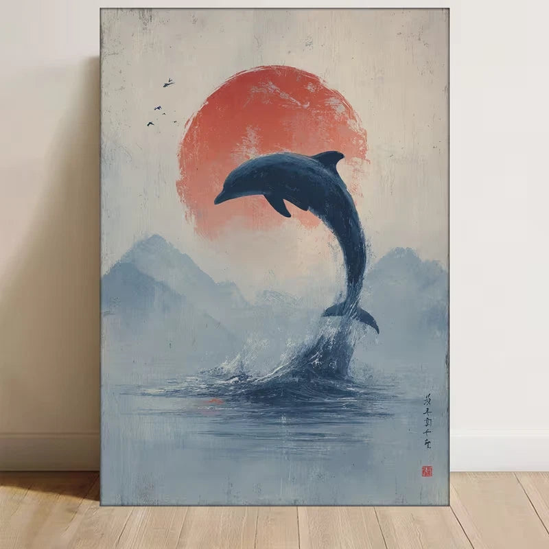 Leaping Dolphin Painting with Red Sun 60x90cm Metal Print Ready to Hang