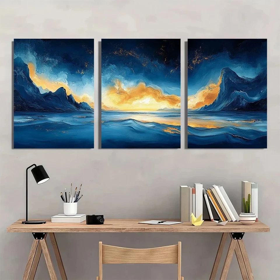 3pcs Lake Abstract Painting Golden Blue Metal Print Ready to Hang Art