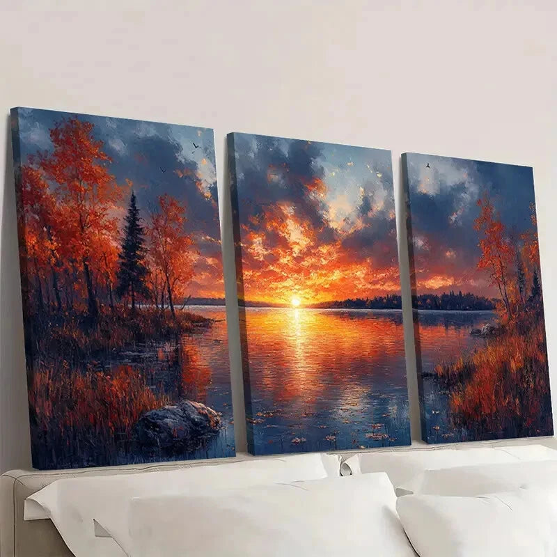 3pcs Serene Sunset Lake Scene with Autumn Trees Wall Art Set Canvas Framed 40x60cm - High Quality Print 100% Australian Made Wall Canvas Ready to Hang