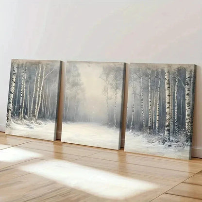 3pcs Misty Birch Trees with Snowy Path Wall Art Set Canvas Framed 40x60cm - High Quality Print 100% Australian Made Wall Canvas Ready to Hang