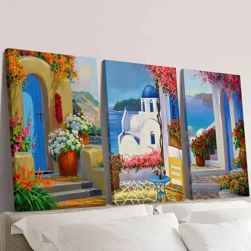 3pcs Santorini Greece Landscape & Floral Garden Wall Art Canvas Unframed – High Quality Print 100% Australian Made Wall Canvas