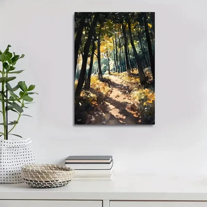 Vibrant Autumn Forest Sunlit Tree Pathway Painting 40x60cm Metal Print Ready to Hang