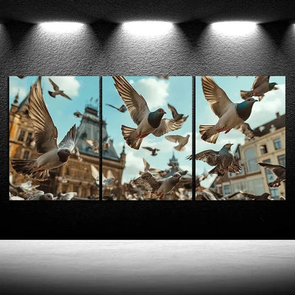 3pcs Pigeons On Buildings Square Metal Print Ready to Hang Art