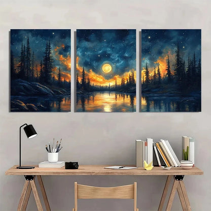 3pcs Night Moonlit Palm Trees Full Moon Metal Print Ready to Hang Art