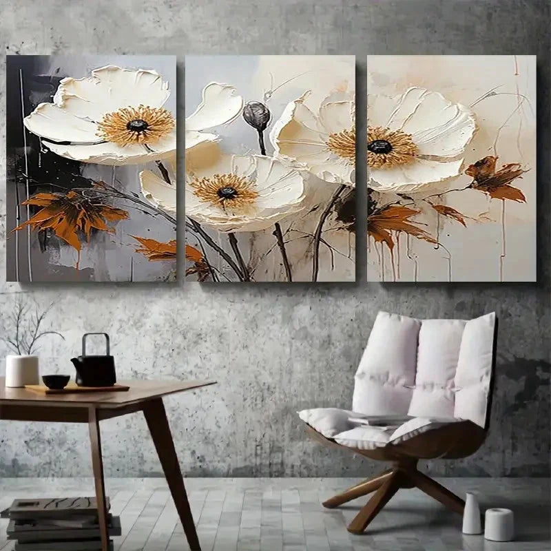 3pcs White and Golden Poppy Flower Painting Metal Print Ready to Hang Art