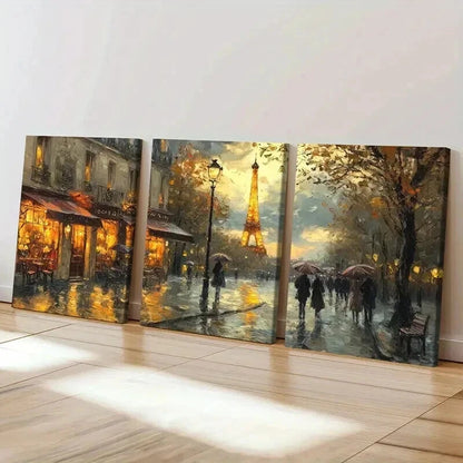 3pcs Parisian Rain Eiffel Tower Cozy Streetscape Wall Art Set Canvas Framed 40x60cm - High Quality Print 100% Australian Made Wall Canvas Ready to Hang