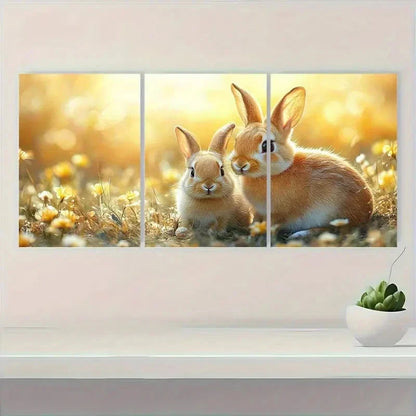 3pcs Easter Bunny Spring Floral & Woodland T Wall Art Set Canvas Framed 60x90cm - High Quality Print 100% Australian Made Wall Canvas Ready to Hang