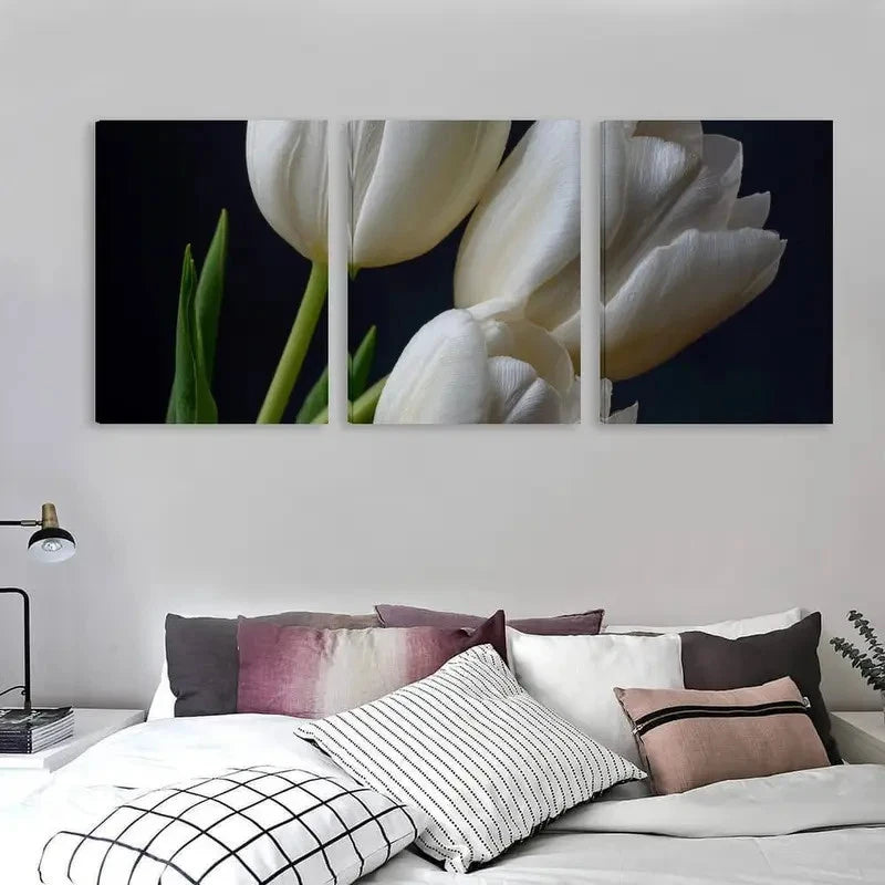 3pcs White Tulips Isolated on Black Background Wall Art Set Canvas Framed 60x90cm - High Quality Print 100% Australian Made Wall Canvas Ready to Hang