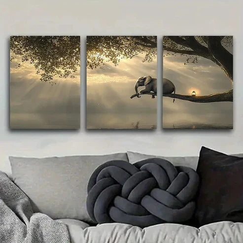 3pcs Elephant on Tree Branch Wall Art Canvas Unframed - High Quality Print 100% Australian Made Wall Canvas