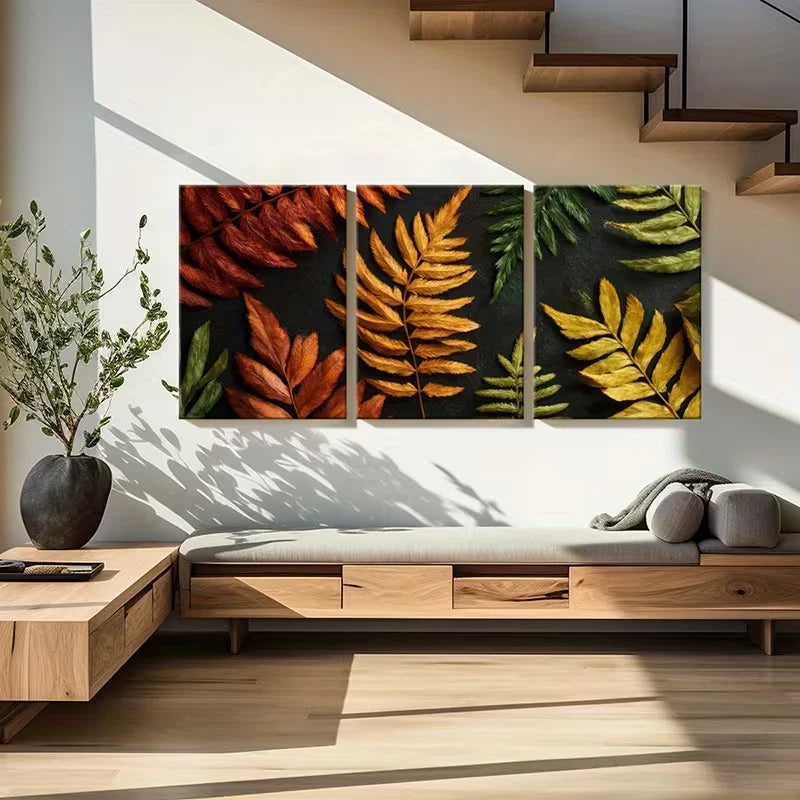 3pcs Autumn Leaves Botanical Warm Seasonal Wall Art Set Canvas Framed 60x90cm - High Quality Print 100% Australian Made Wall Canvas Ready to Hang