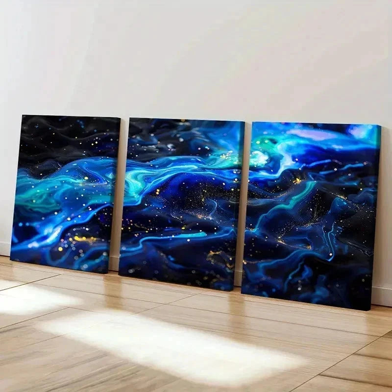 3pcs Vibrant Blue and Golden Swirls Wall Art Set Canvas Framed 40x60cm - High Quality Print 100% Australian Made Wall Canvas Ready to Hang