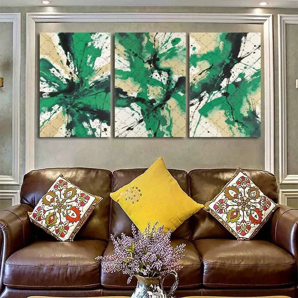 3pcs Abstract Green & Beige Modern Cubist Metal Print Ready to Hang Art