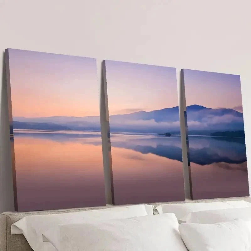 3pcs Foggy Mountains Lake Reflection in Sunrise Wall Art Set Canvas Framed 40x60cm - High Quality Print 100% Australian Made Wall Canvas Ready to Hang