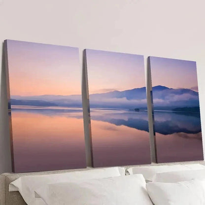 3pcs Foggy Mountains Lake Reflection in Sunrise Wall Art Set Canvas Framed 40x60cm - High Quality Print 100% Australian Made Wall Canvas Ready to Hang