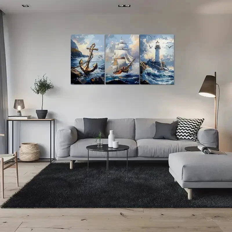 3pcs Lighthouse Ship Anchor Coastal Wall Art Set Canvas Framed 60x90cm - High Quality Print 100% Australian Made Wall Canvas Ready to Hang