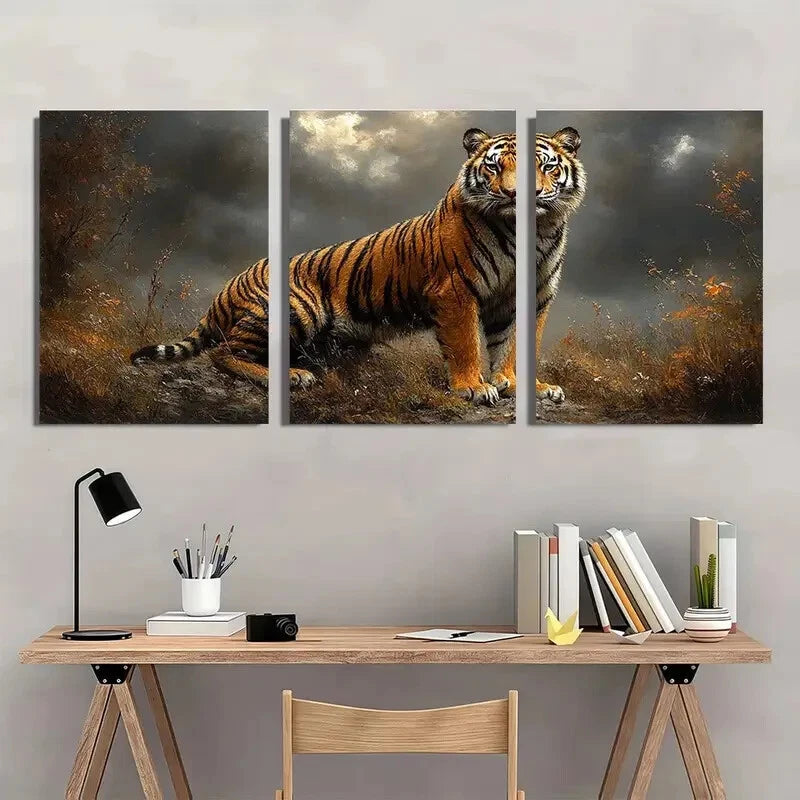 3pcs Tiger Dark Jungle Scene Vintage Metal Print Ready to Hang Art
