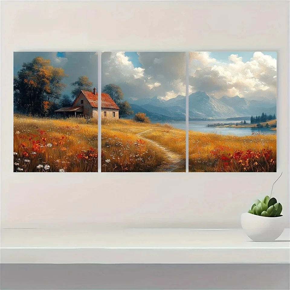 3pcs Peaceful Old Farmhouse and Wildflowers Metal Print Ready to Hang Art