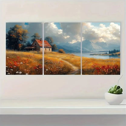 3pcs Peaceful Old Farmhouse and Wildflowers Metal Print Ready to Hang Art
