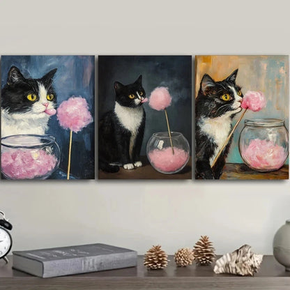 3pcs Kitty Eating Marshmallow Classic Modern Style Metal Print Ready to Hang Art