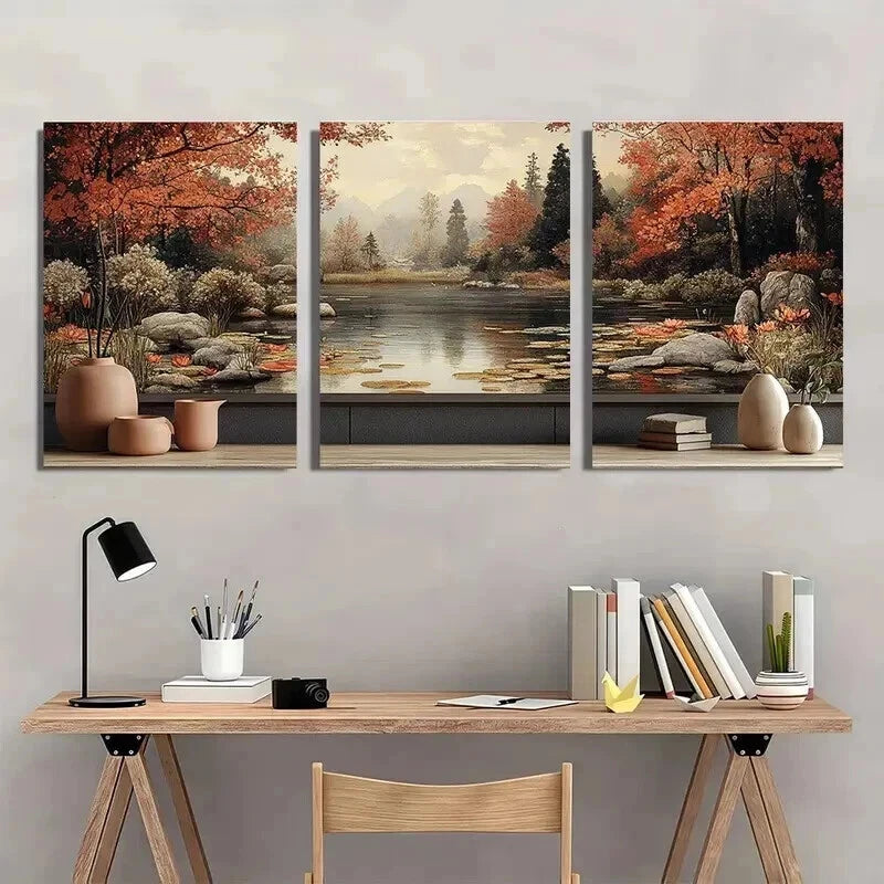 3pcs Serene for Lotus Pond Landscape Wall Art Set Canvas Framed 40x60cm - High Quality Print 100% Australian Made Wall Canvas Ready to Hang