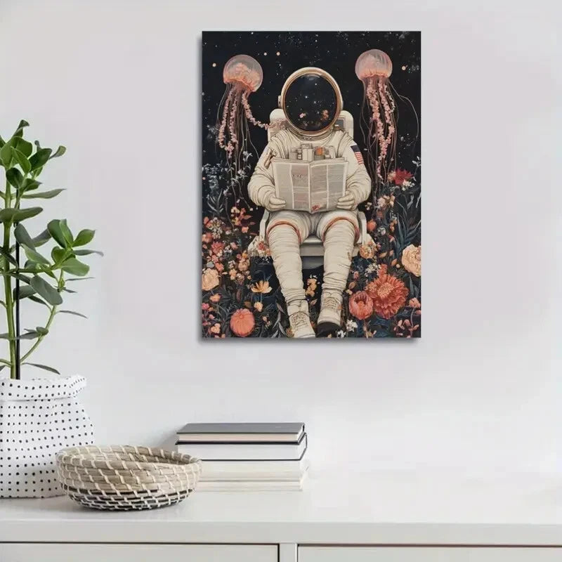 Astronaut and Jellyfish with Flowers Painting 40x60cm Metal Print Ready to Hang