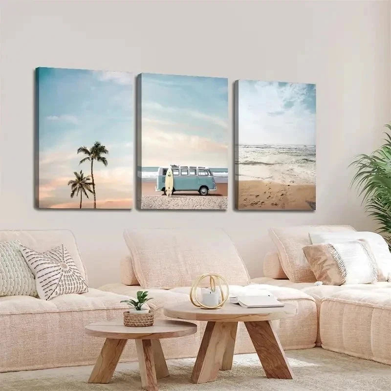 3pcs Turquoise Trucks Palm Trees Perfect Wall Art Set Canvas Framed 40x60cm - High Quality Print 100% Australian Made Wall Canvas Ready to Hang