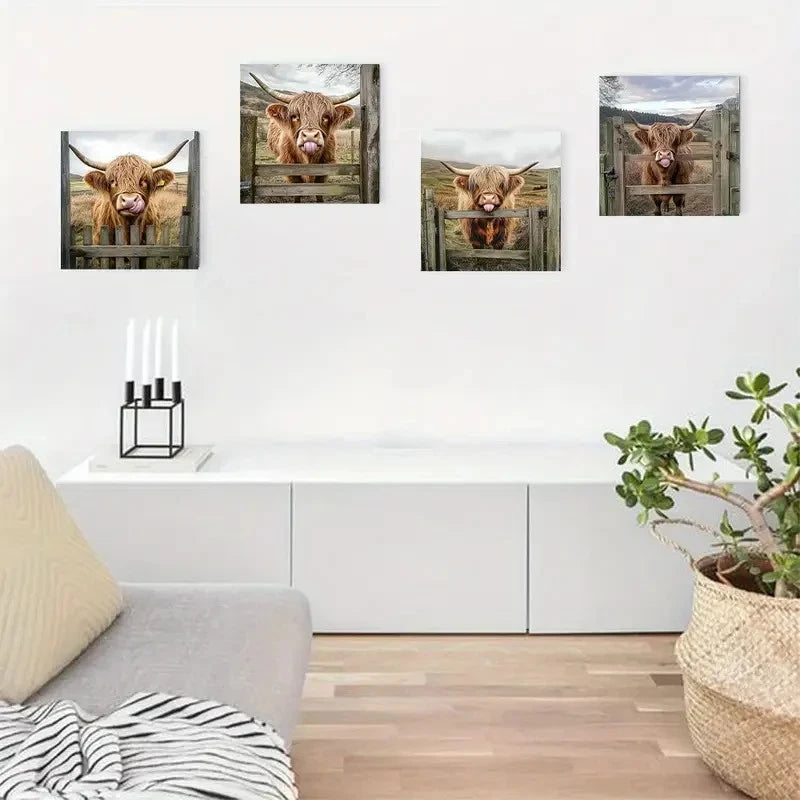 4pcs Charming Highland Cow Wall Art Canvas Framed