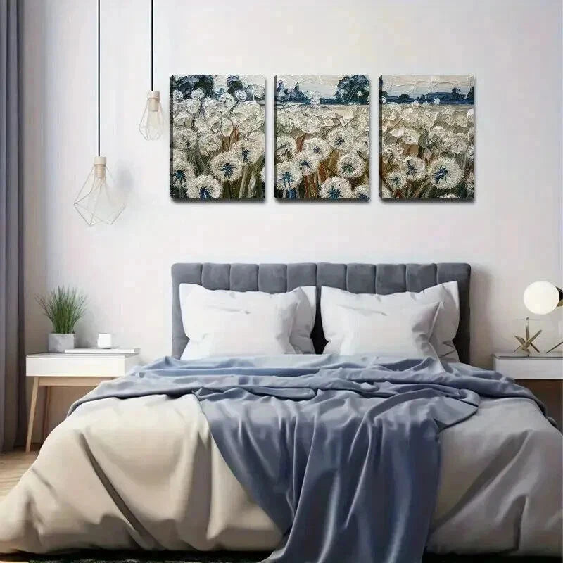 3pcs Blue & White Dandelion Landscape Wall Art Set Canvas Framed 40x60cm - High Quality Print 100% Australian Made Wall Canvas Ready to Hang