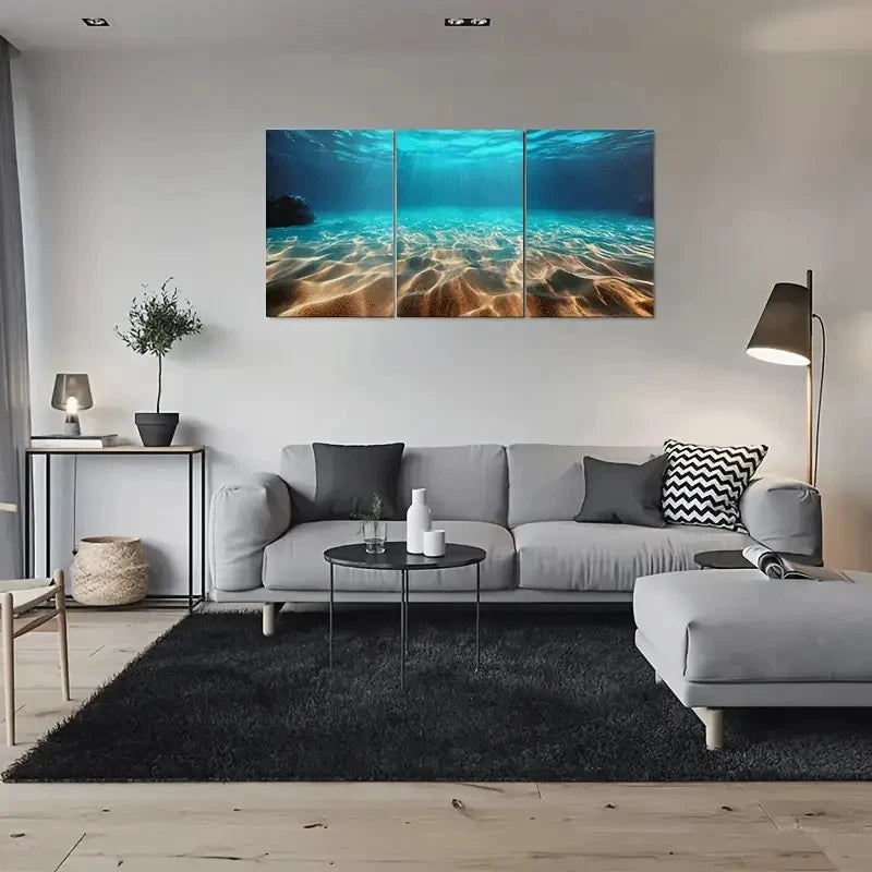 3pcs Ocean Floor Sand Dunes with Sunlight Beams Metal Print Ready to Hang Art