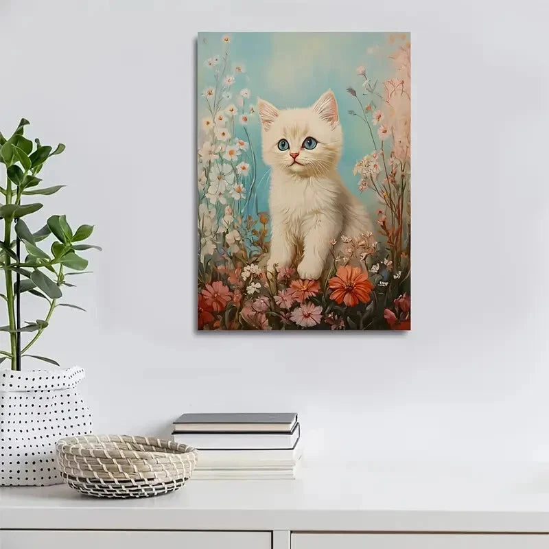 Cute Ragdoll Kitten with Flowers Painting 40x60cm Metal Print Ready to Hang