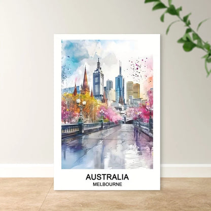 Melbourne Australia Cityscape Watercolor Style Travel Poster Print Wall Art