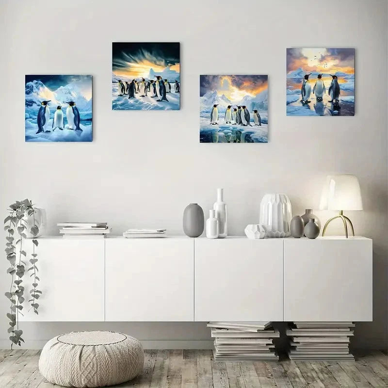 4pcs Penguin Family Wall Art Canvas Framed