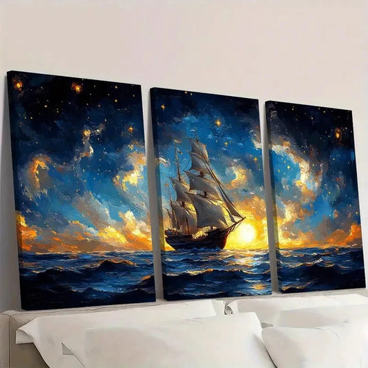 3pcs Surreal Ship & Cosmic Voyage Scene Wall Art Set Canvas Framed 60x90cm - High Quality Print 100% Australian Made Wall Canvas Ready to Hang