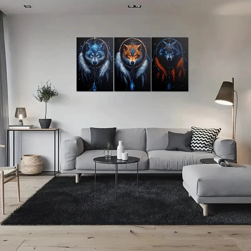 3pcs Mystical Blue & Golden Wolf Heads Feather Metal Print Ready to Hang Art