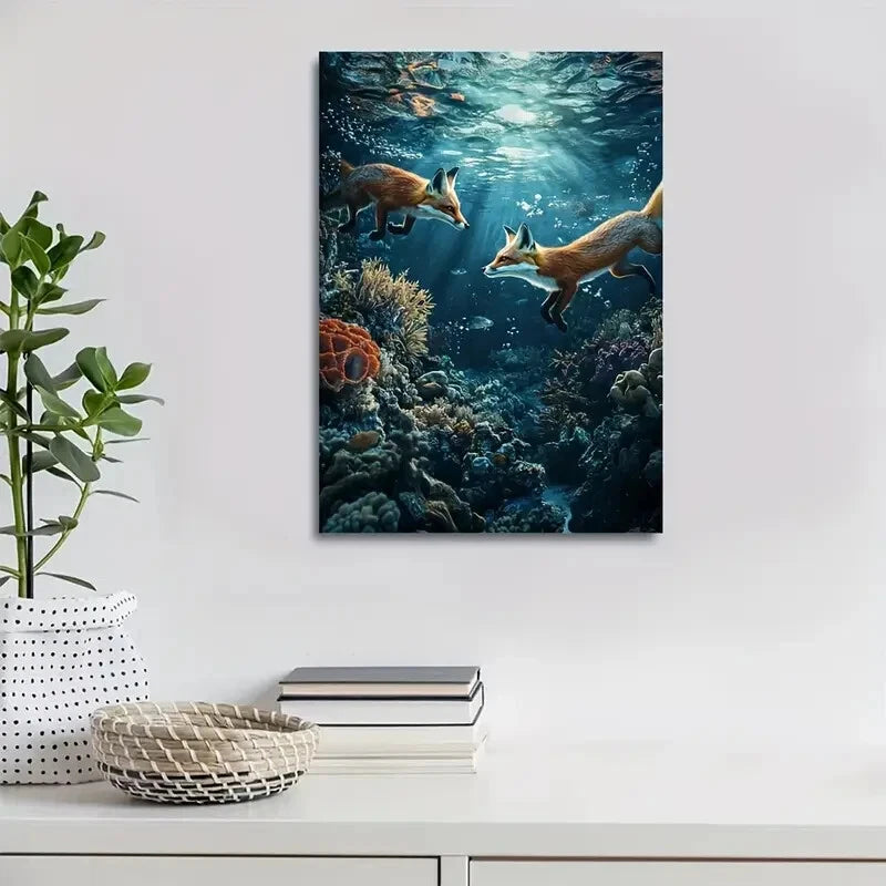 Whimsical Underwater Fox Scene Coral Reef Painting 40x60cm Metal Print Ready to Hang
