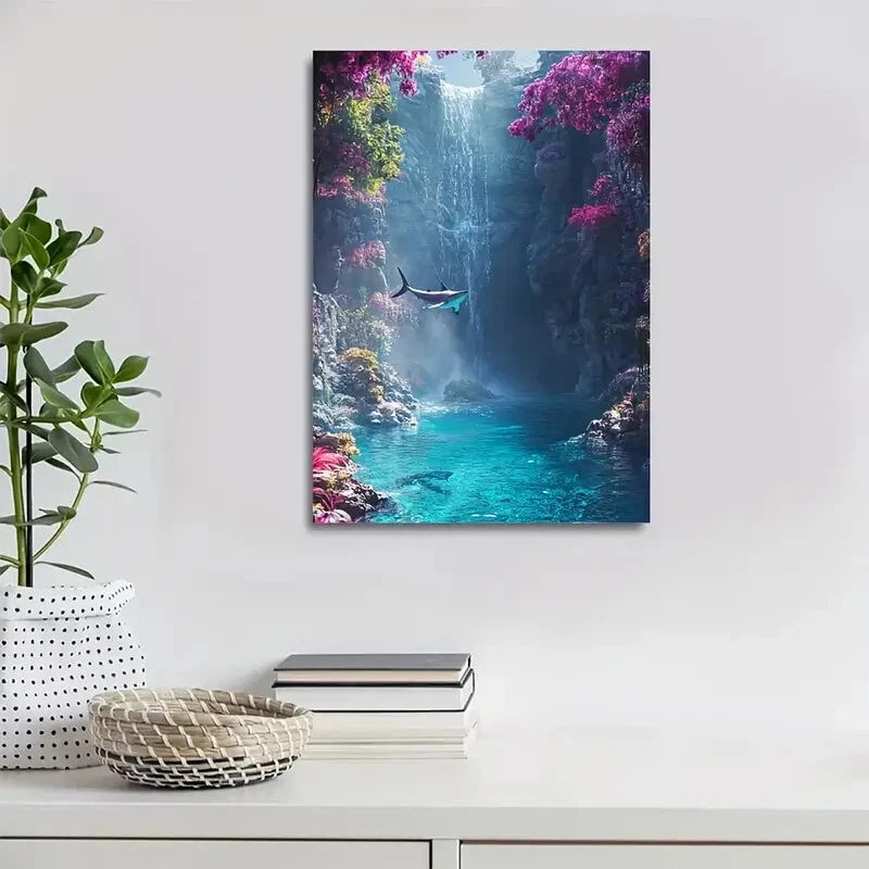 Vibrant Shark Swing By Trees Near Crystal Painting 40x60cm Metal Print Ready to Hang