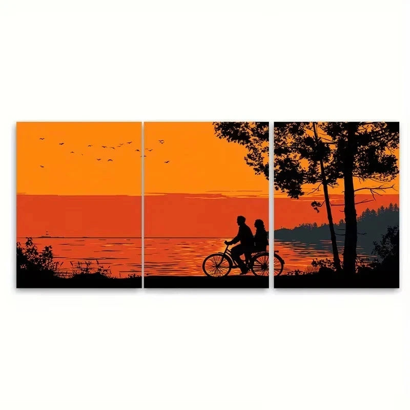 3pcs Silhouette of Couple on Bicycle by Lake Wall Art Set Canvas Framed 60x90cm – High Quality Print 100% Australian Made Wall Canvas Ready to Hang