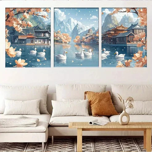 3pcs Colorful Tranquil River with Swans Canvas Wall Art Canvas Unframed - High Quality Print 100% Australian Made Wall Canvas
