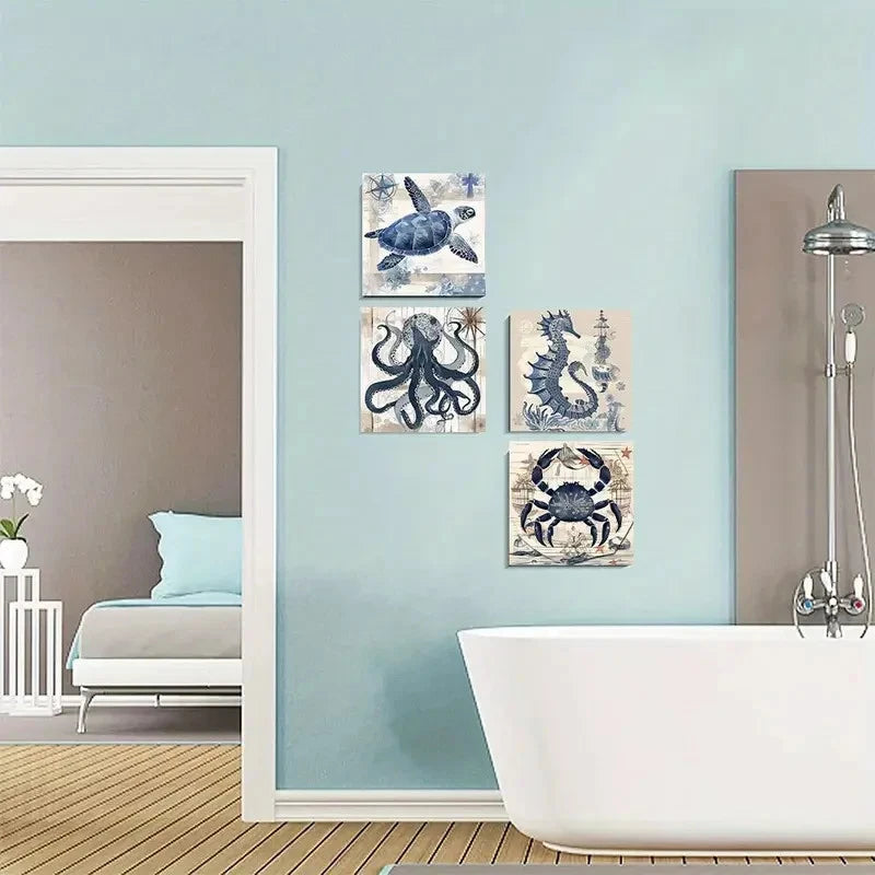4pcs Octopus, Crab, Seahorse & Turtle, Blue & Wh Wall Art Canvas Framed
