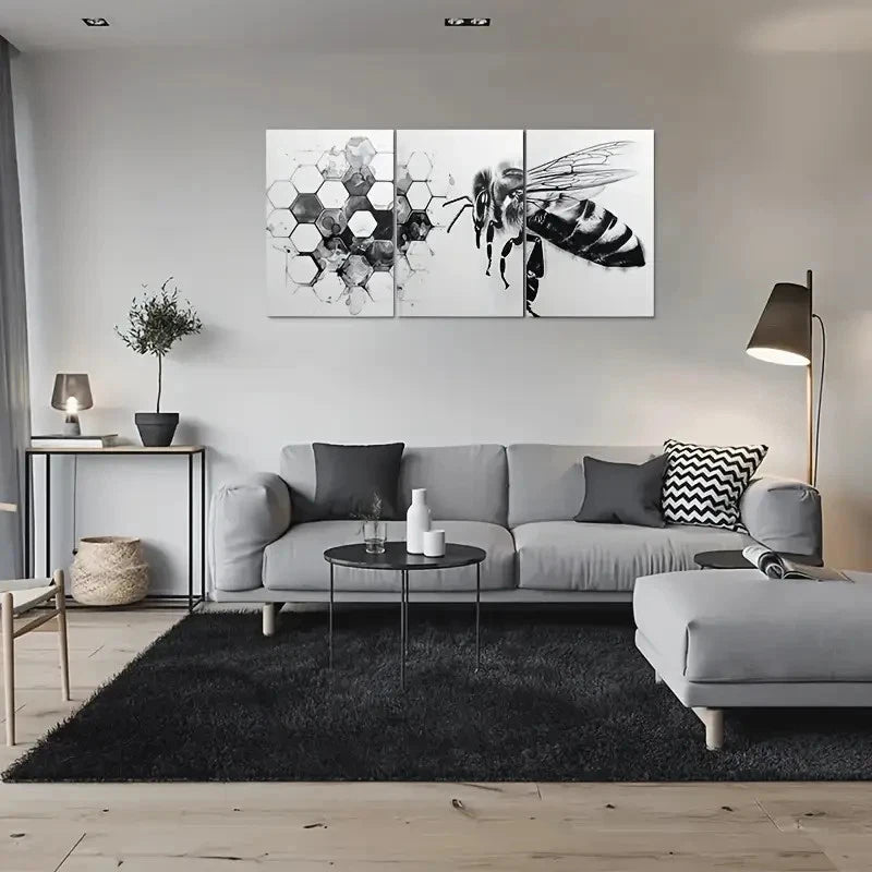 3pcs Modern Black & White Bee Honeycomb Patterns Metal Print Ready to Hang Art