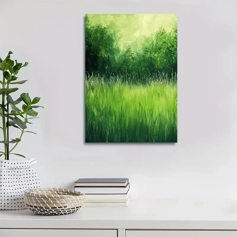 Vibrant Emerald Green Meadow Scene Painting  40x60cm Metal Print Ready to Hang