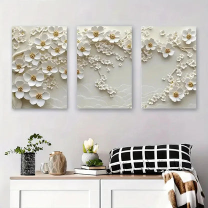 3pcs White Flower Blossom Floral Relief Metal Print Ready to Hang Art
