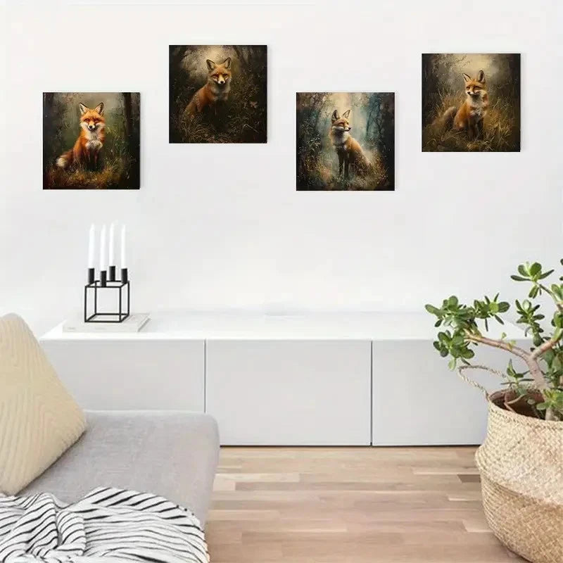 4pcs Fox In Forest Perfect  Wall Art Canvas Framed
