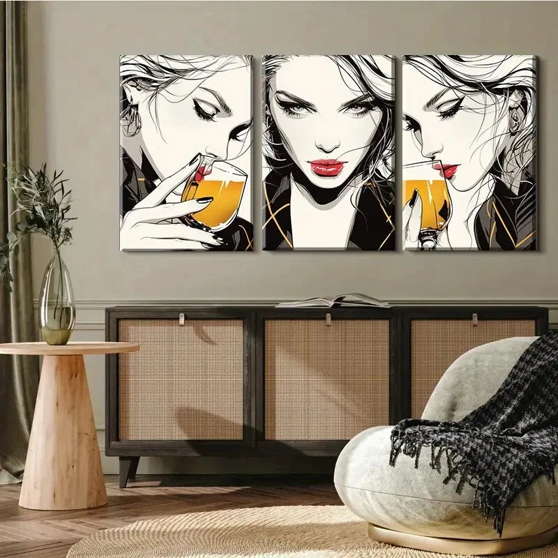 3pcs Women Drinking Cocktail Chic Poses Perfect Wall Art Set Canvas Framed 40x60cm - High Quality Print 100% Australian Made Wall Canvas Ready to Hang