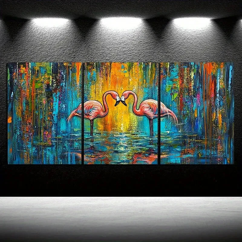 3pcs Pink Flamingos Colourful Yellow Blue Metal Print Ready to Hang Art