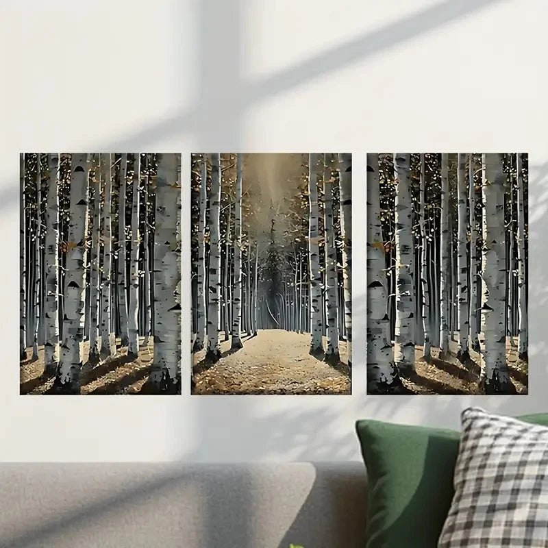 3pcs Forest Filled with White Birch Trees Wall Art Set Canvas Framed 60x90cm - High Quality Print 100% Australian Made Wall Canvas Ready to Hang