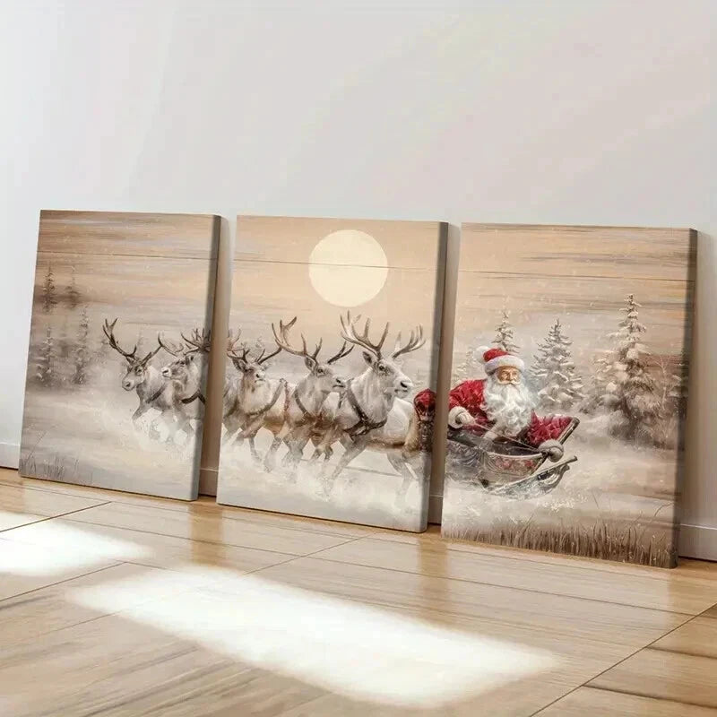 3pcs Santa Claus Reindeer Sleigh Moonlight Wall Art Set Canvas Framed 40x60cm - High Quality Print 100% Australian Made Wall Canvas Ready to Hang